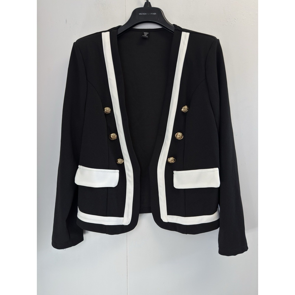 SHEIN Curve Women's 1XL Black Cropped Jacket White Trim Gold Buttons‎ Stretch